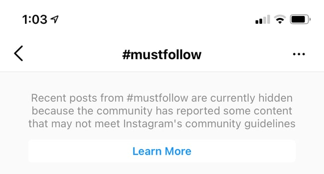 Message that posts using hashtag mustfollow have been hidden could mean youve been shadowbanned on Instagram for using that hashtag