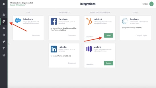 Screenshot of Metadata integration and the option to connect it to HubSpot