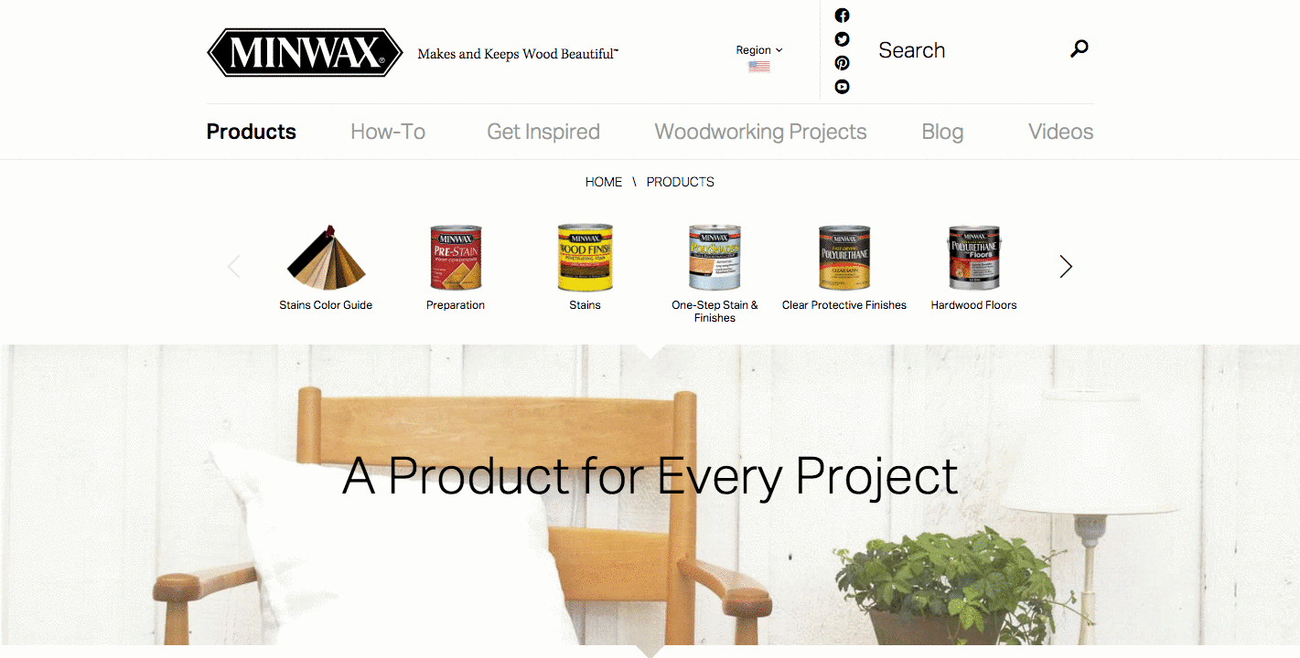 Minwax product page with Product Finder on wood background