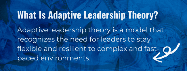 What is adaptive leadership theory? Adaptive leadership theory is a model that recognizes the need for leaders to stay flexible and resilient to complex and fast-paced environments.