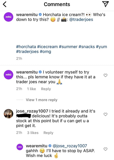 How to humanize a brand example: Mitu Instagram responsive comments