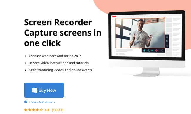 MovaviScreenRecorder homepage website showing a monitor with a man hosting a webinar and text that says Screen recorded capture screens in one click and a call-to-action inviting the viewer to buy now