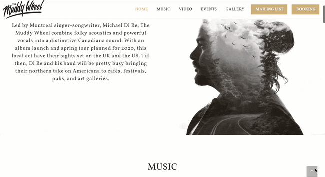 Muddy Wheel strona piosenkarza i autora tekstów Michaela Di Re zbudowana za pomocą alternatywnego narzędzia WordPress do tworzenia stron internetowych SITE123