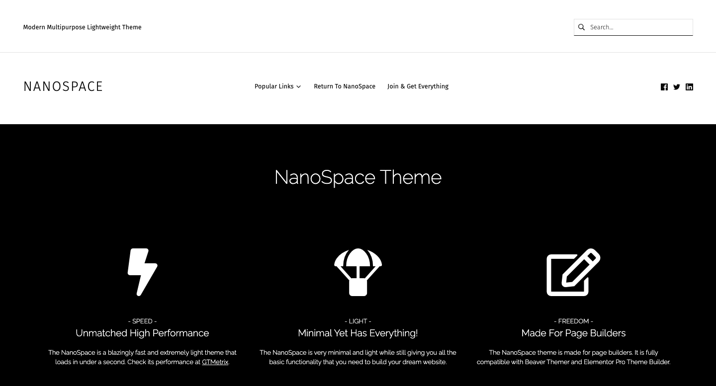 NanoSpace demo shows a lightweight BuddyPress theme for WordPress