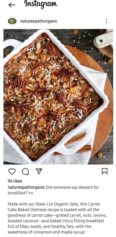 Natures Path instagram post showcasing recipe photo