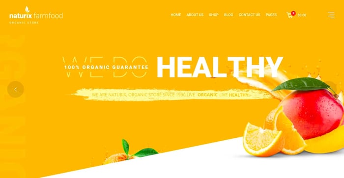 best eco friendly wordpress theme: Naturix homepage demo features bold yellow background color