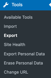 Navigating to the export tool from the WordPress sidebar