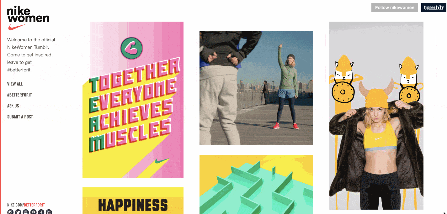Nike Women używa alternatywnego WordPressa Tumblr do wyświetlania postów multimedialnych i GIF-ów-min