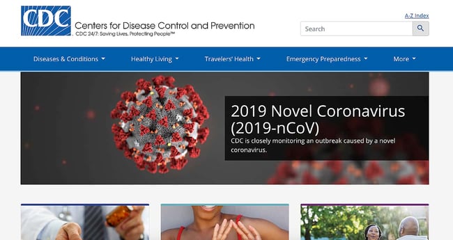 homepage for CDC which mentions the 2019 novel coronavirus and has a navigation menu which mentions diseases and conditions, healthy living, travelers' health, emergency preparedness, and more. 