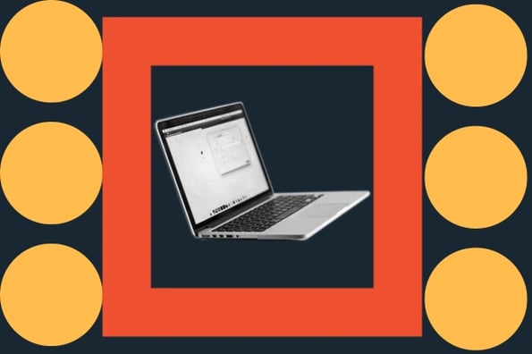image shows a progressive enhancement website on a computer in a orange square box surrounded by yellow dots. 