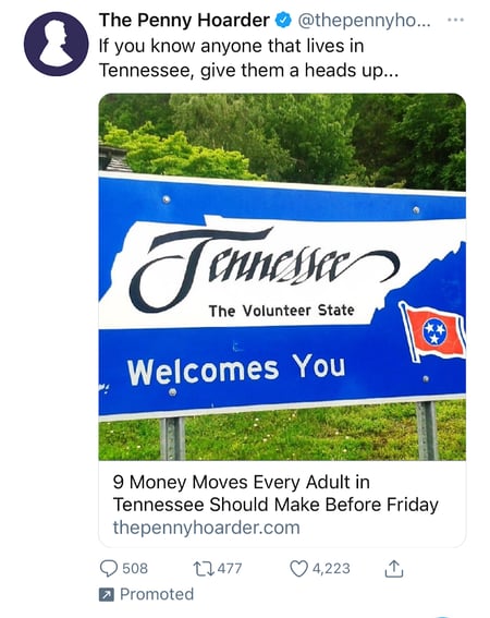 The Penny Hoarder twitter ad featuring an image of a tennessee welcome sign