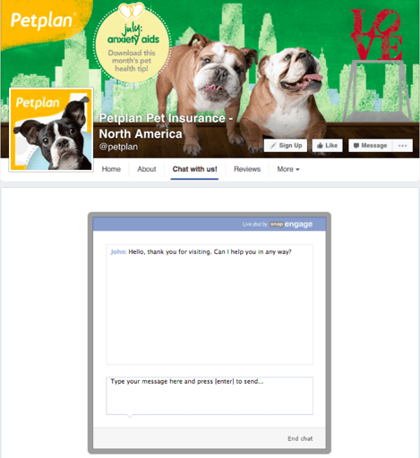 Facebook live chat window on bottom center of Petplan website