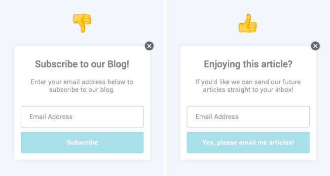 example pop-ups, one with generic copy and one with more natural copy