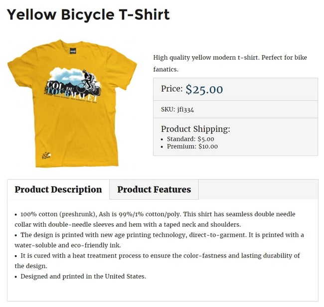 Product page for T-shirt created via eCommerce Product Catalog Plugin for WordPress