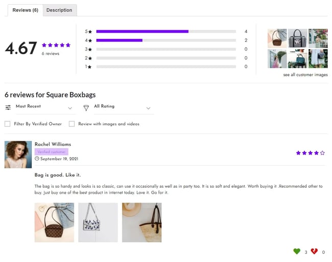 Product page with customer reviews and star ratings created via Smart Product Review for WooCommerce plugin
