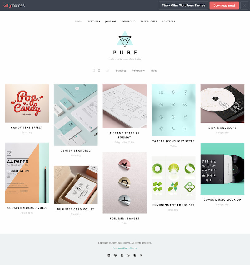 Pure WordPress theme demo displays homepage of minimalist portfolio 