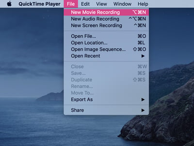 How to record a webinar quick time player in macbook step two select new movie recording