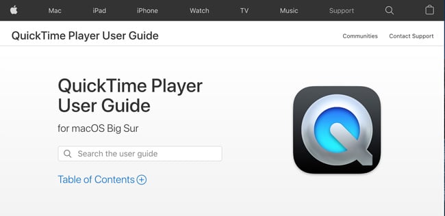 QuickTimePlayer Website homepage that says QuickTime Player user guide for macOS Big Sur and a search bar below it to search the user guide