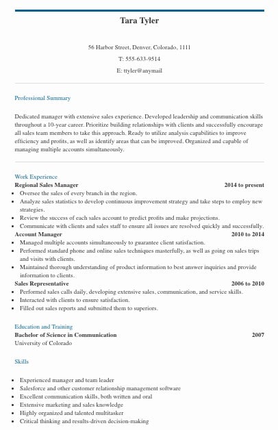 regional sales Manager resume example