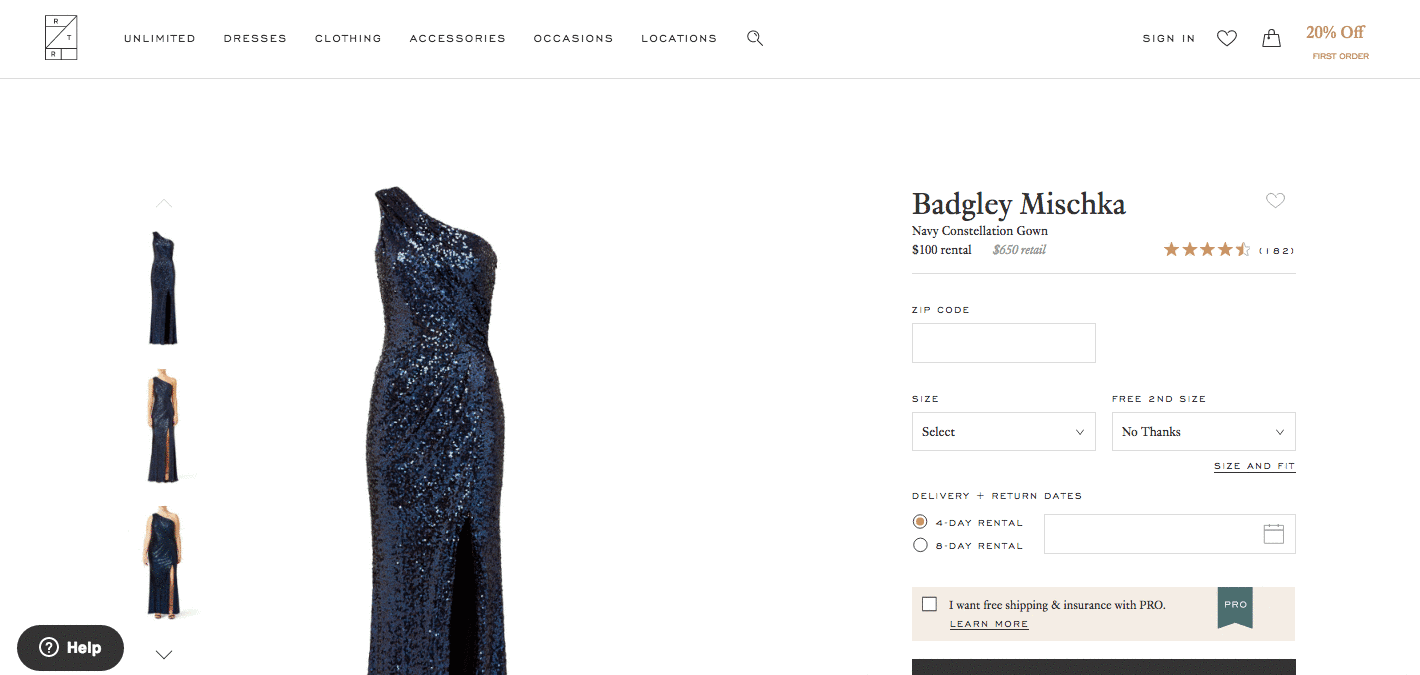 Product page for navy blue Badgley Mischka dress by Rent the Runway