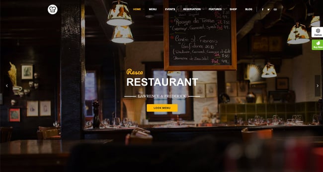 restaurant wordpress themes: Resca demo features full-body background image and CTA to view menu