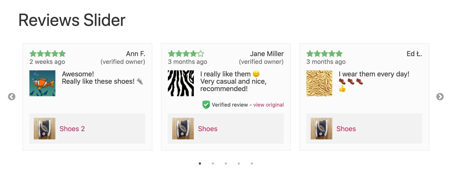 Reviews slider demo via Customer Reviews for WooCommerce plugin 