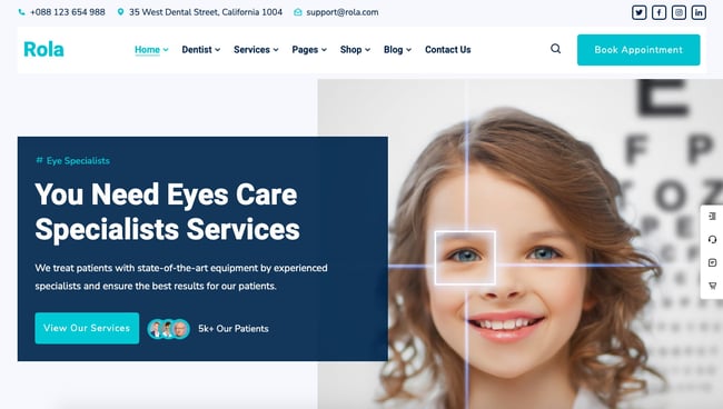 best wordpress health theme: Rola homepage demo for optician showcases eye care services