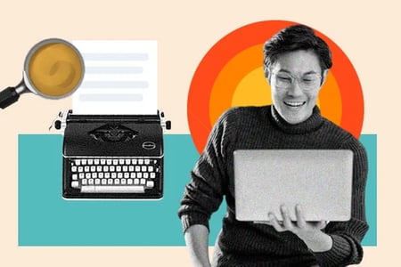 best seo blogs: image shows someone with a laptop and a typewriter nearby