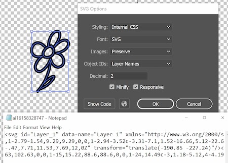 black flower design outlined with SVG XML code