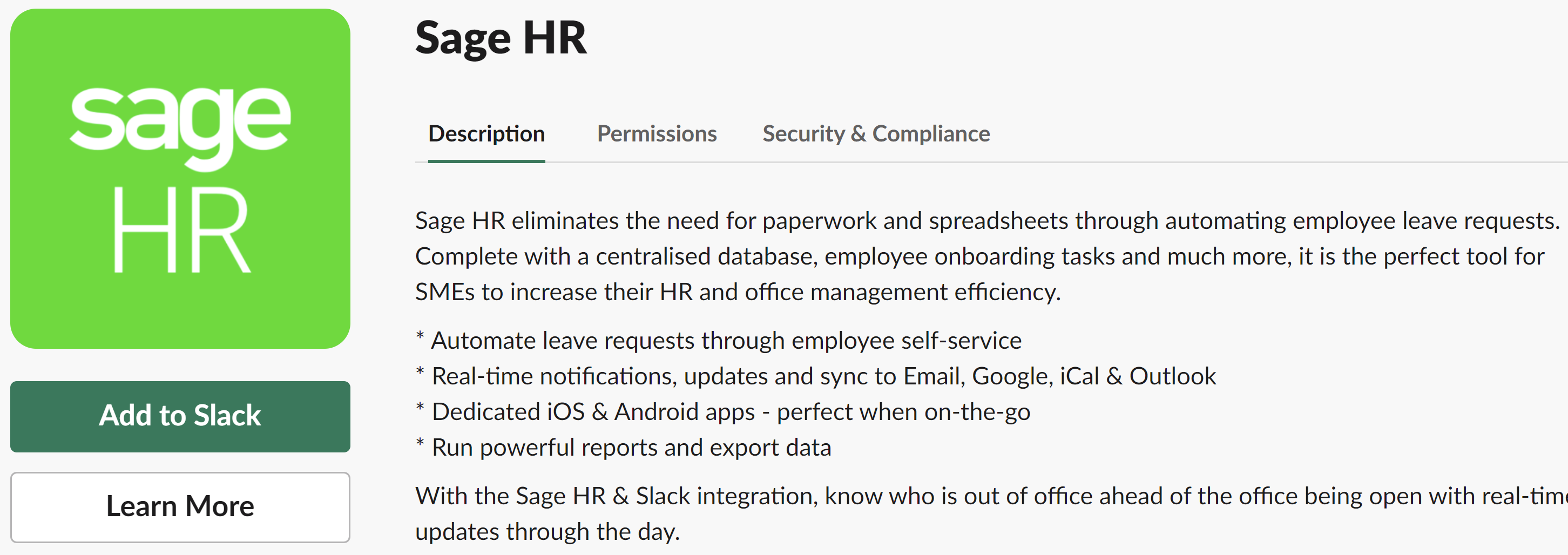Screenshot of Sage HR, a bot for Slack
