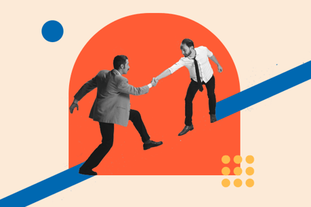 enterprise sales: image shows two people walking up to eachother and shaking hands 