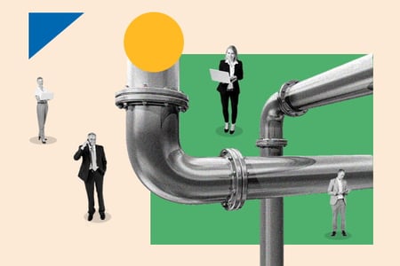 sales pipeline stages: image shows sales people around a pipeline graphic 