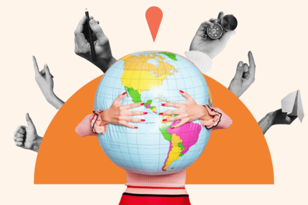 sales territory planning illustration featuring a globe and several hands