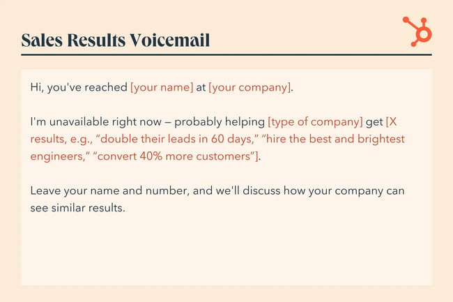 voicemail example, Hi, you‘ve reached [your name] at [your company]. I’m unavailable right now — probably helping [type of company] get [X results, e.g., ‘double their leads in 60 days,‘ ‘hire the best and brightest engineers,’ ‘convert 40% more customers‘]. Leave your name and number, and we’ll discuss how your company can see similar results.