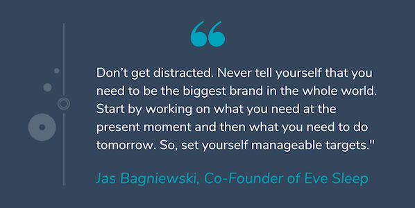 Quote by Jas Bagniewski that reads "Don’t get distracted. Never tell yourself that you need to be the biggest brand in the whole world. Start by working on what you need at the present moment and then what you need to do tomorrow. So, set yourself manageable targets."