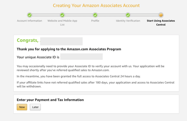 associates central final screen to enter payment and tax information