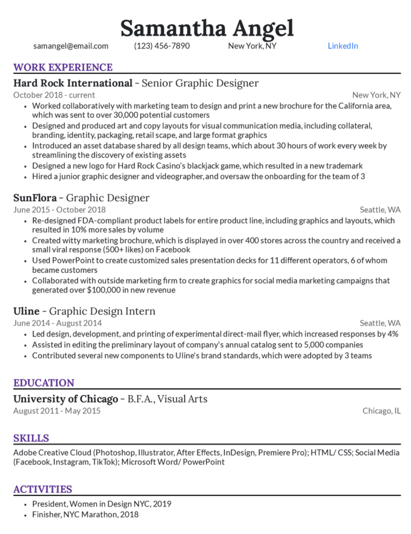 Samantha Angel's resume; graphic design resume examples