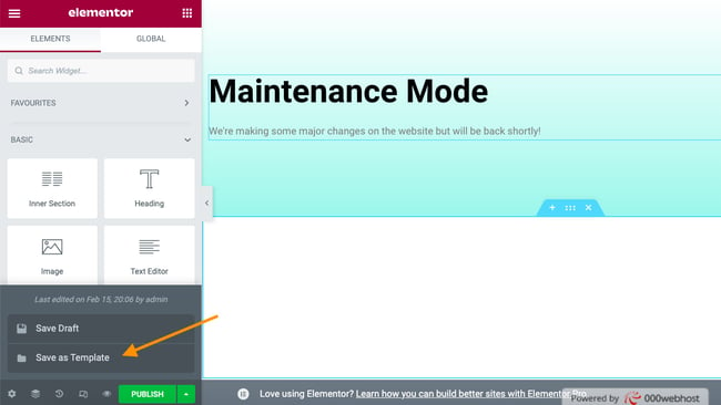 How to Create a Maintenance Mode Site With Elementor step 6: Save as template