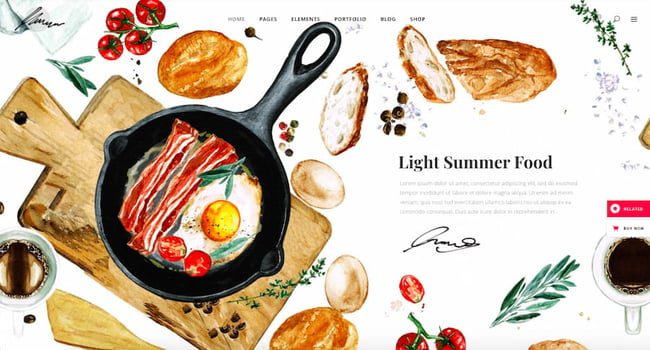 restaurant wordpress themes: Savory demo features graphic illustrated background of light summer food