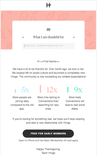 Hinge's holiday marketing campaign asks email subscribers what they're grateful for.