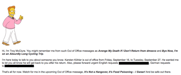 An out of office email written in the third person with a picture of Troy McClure from The Simpsons