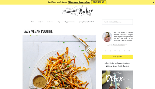 Personal food blog of Minimalist Baker with yellow and white website theme