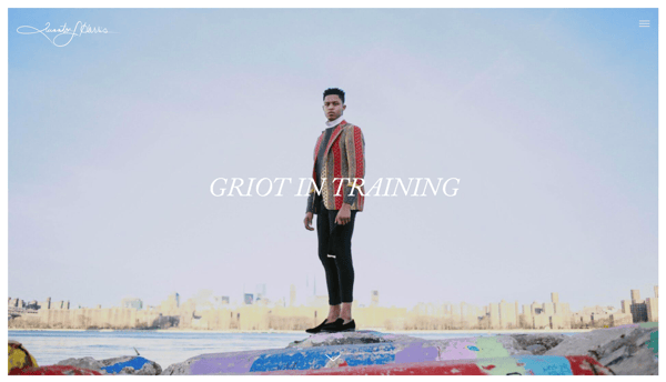 Website homepage of Quinton Harris that says 'Griot in Training' across the front
