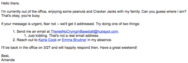 The Guessing Game out of office email that describes being at a baseball game