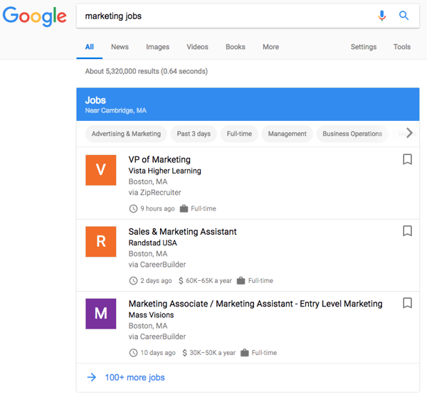 Search result for marketing jobs on Google Jobs tool
