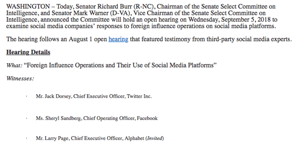 Hearing details for the foreign influence operations and their use of social media platforms