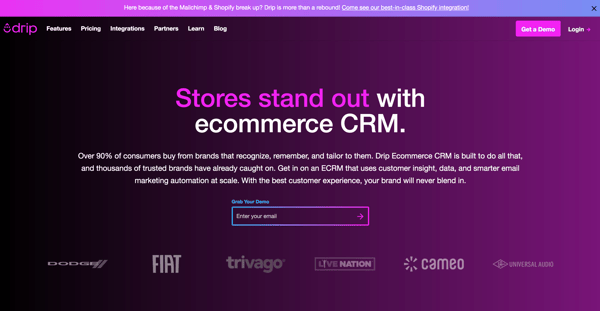 drip email automation software and ecommerce crm homepage