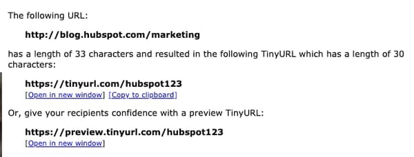 TinyURL results page