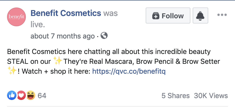 Benefit Cosmetics Facebook Live caption