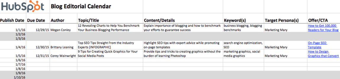 HubSpot 'n blogi toimituksellinen Kalenterivapaa malli Excelissä's Blog Editorial Calendar - Free Template in Excel